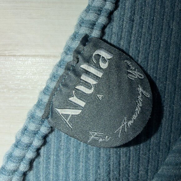 Arula Blue Ribbed Peplum Top Size 1X 14/16 Short Sleeve Stretch Knit Blouse - Picture 3 of 7